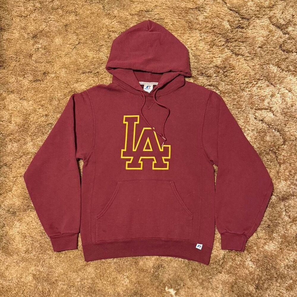 Vintage 90s Russell Athletic LA Logo Hoodie Burgundy Small